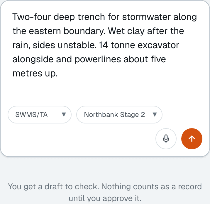 The capture screen with a spoken description of a trench job in it